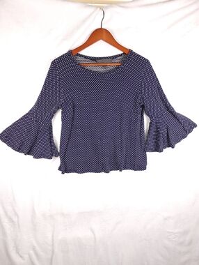 Sunday in Brooklyn Bell Sleeve Blouse Blue White Dot S